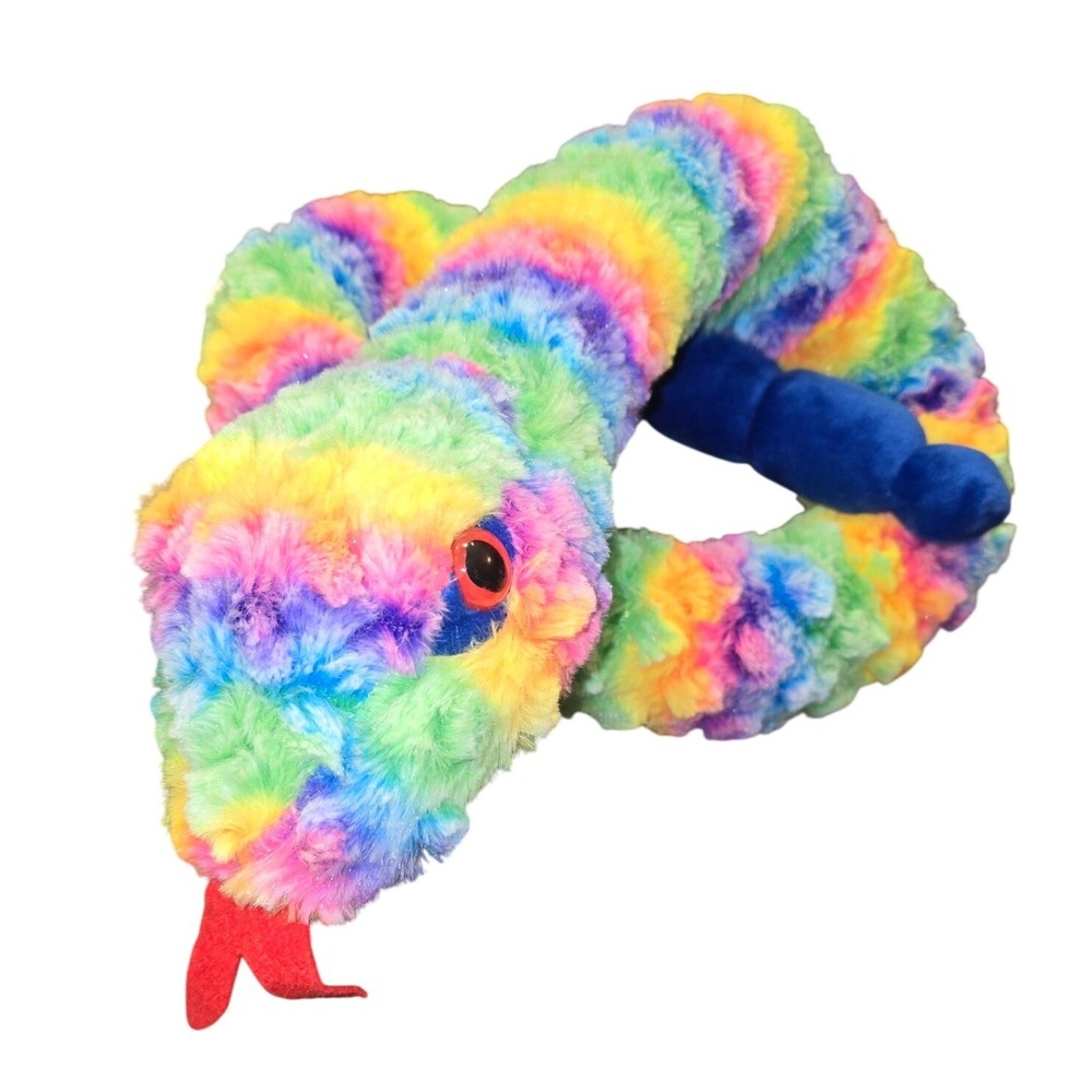 Nanco Rainbow Plush Snake Stuffed Animal 40 Inch Faux Fur Toy w/tail Rattle
